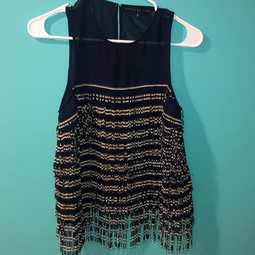 Stunning endless rose navy fringe sleeveless top